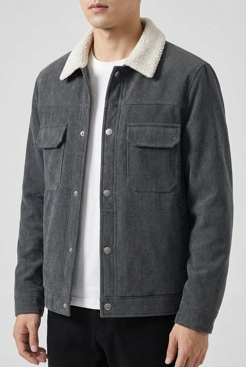 Men's Corduroy Jacket with Sherpa Collar and Snap Buttons - Dark Charcoal Gray