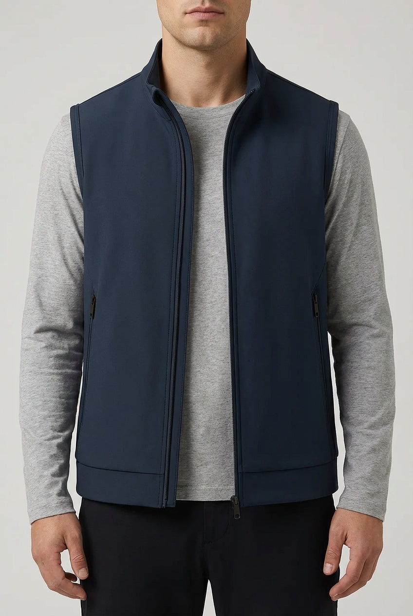 Casual Stand Collar Vest with Zipper – Navy Blue Cotton Blend