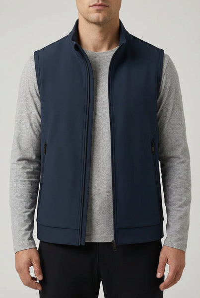 Casual Stand Collar Vest with Zipper – Navy Blue Cotton Blend