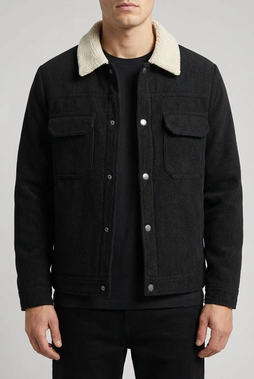 men's corduroy jacket - with Sherpa Collar and Snap Buttons - Black lo