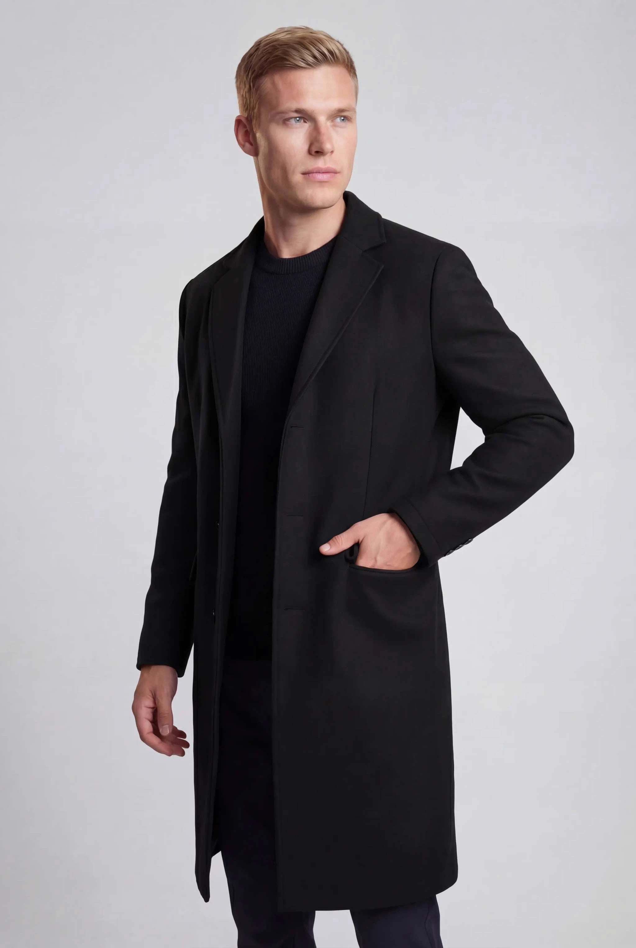 Black Long Coat for Men – Single-Breasted Design