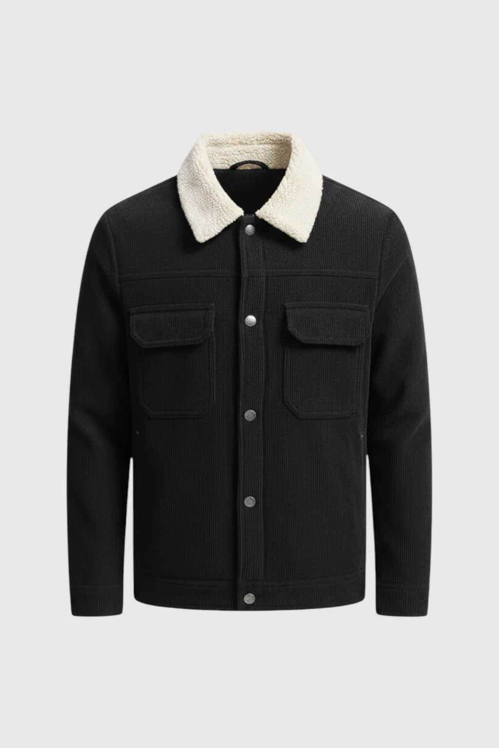 Men's Corduroy Jacket with Sherpa Collar and Snap Buttons - Black