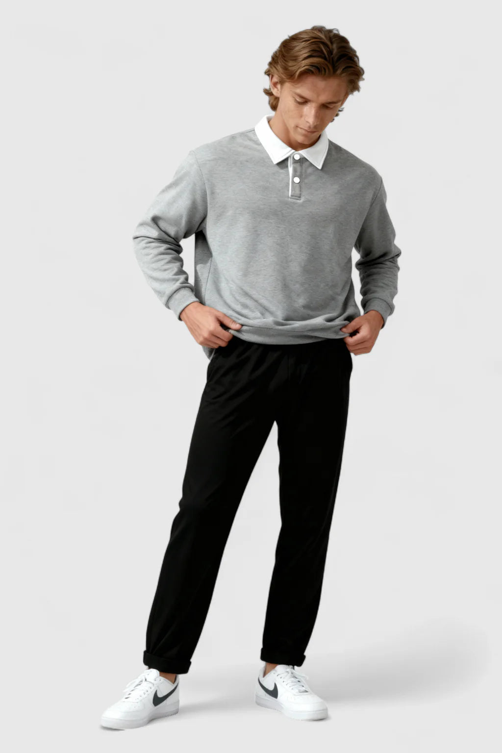 Men's Sweatshirt with Contrast Collar and Polo Neck – Gray