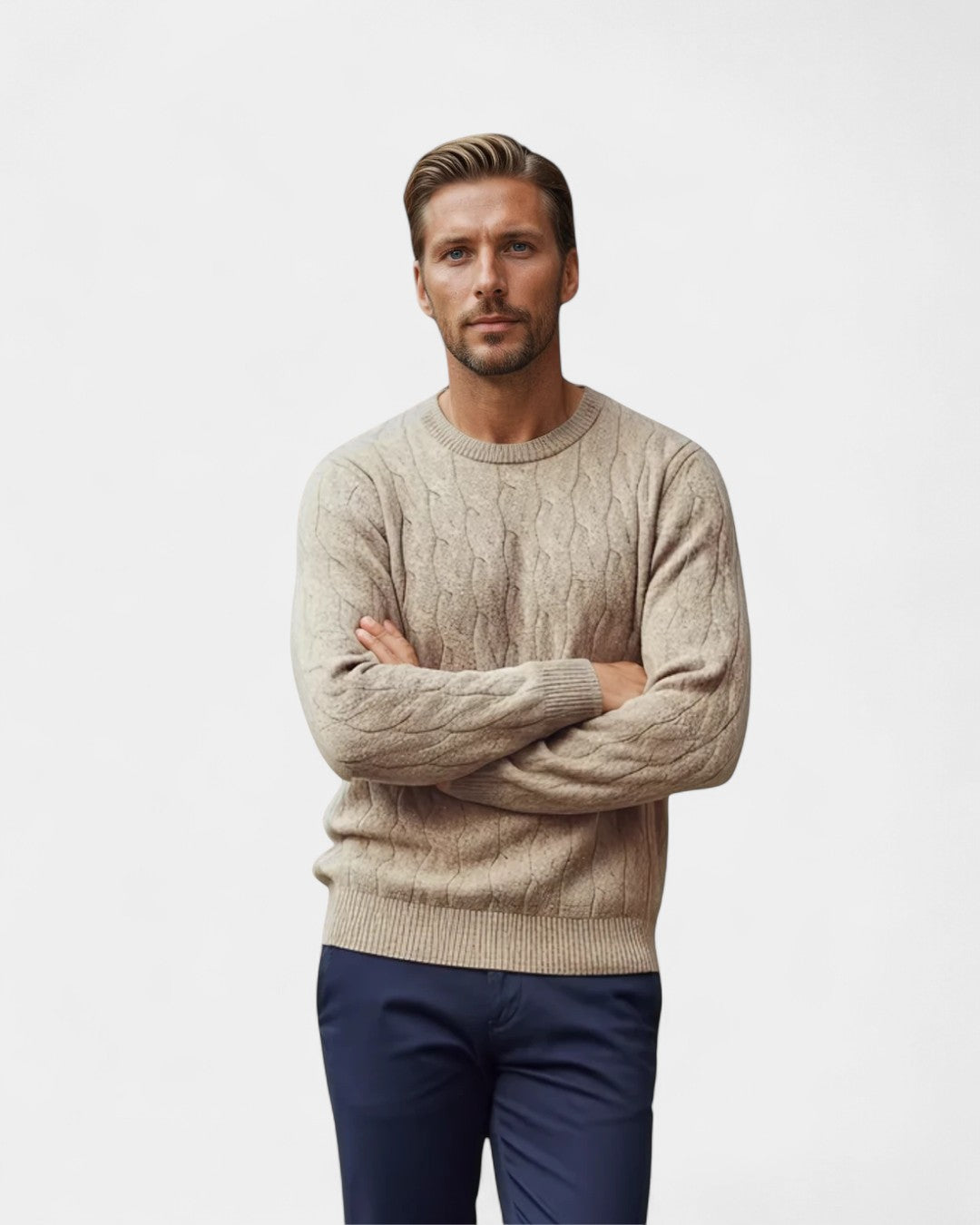 Luciénte Cable-Knit Wool Crewneck Sweater - Beige