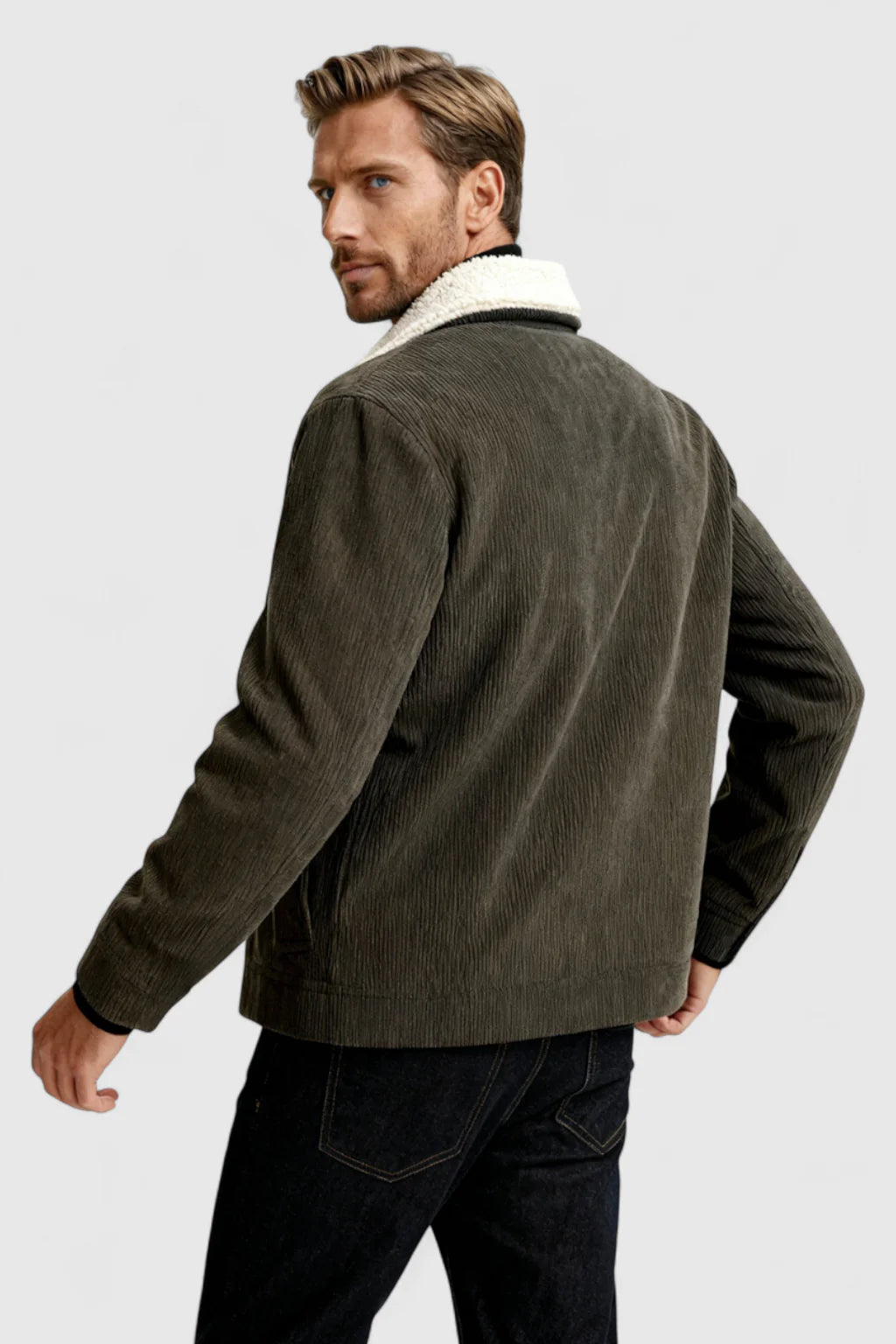 Men's Corduroy Jacket with Sherpa Collar and Snap Buttons - Coffee Brown