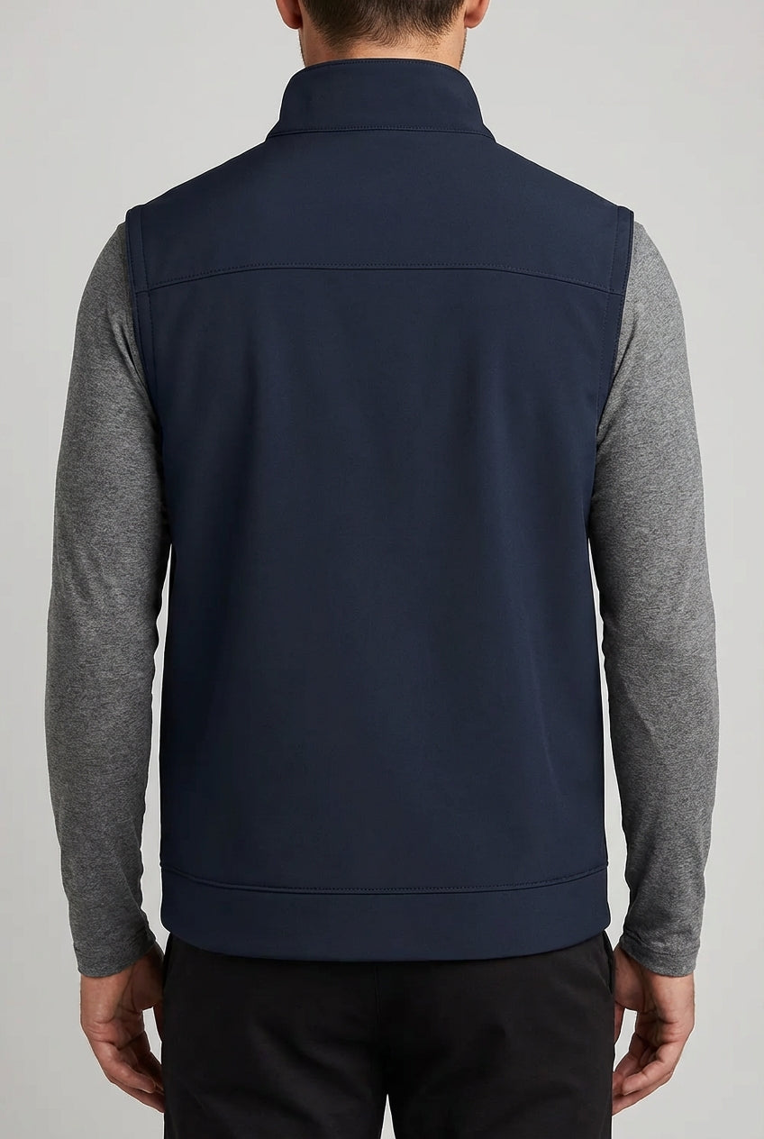 Casual Stand Collar Vest with Zipper – Navy Blue Cotton Blend