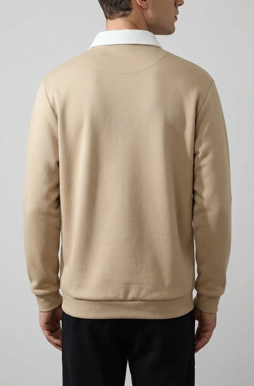 Men's Sweatshirt with Contrast Collar and Polo Neck – Beige