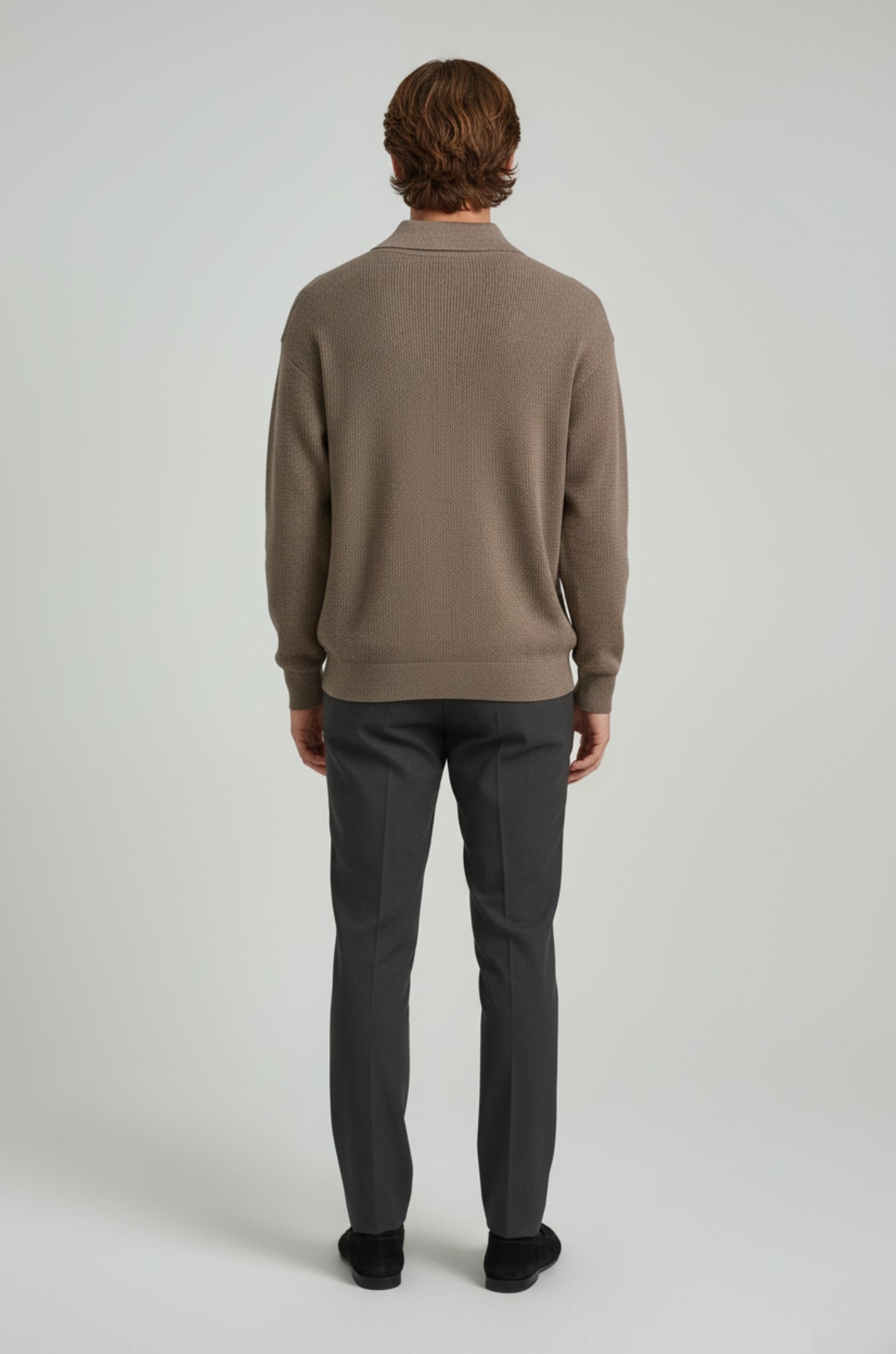 Men's Long Sleeve Knit Shirt with Lapel Collar – Taupe Brown – Regular Fit