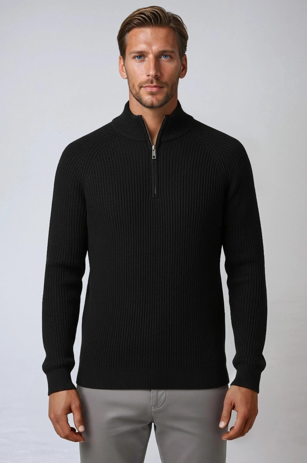 Men's Half-Zip Knit Sweater with Stand Collar – Black