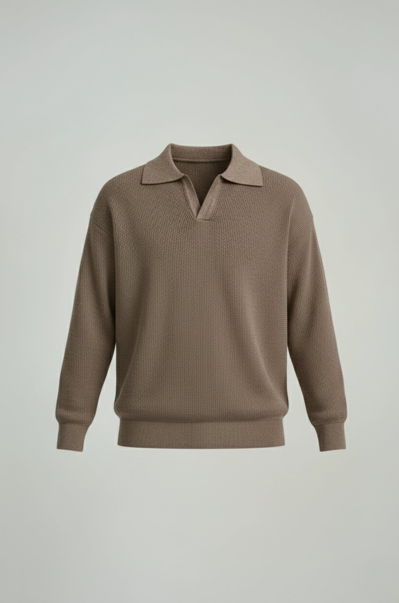 Men's Long Sleeve Knit Shirt with Lapel Collar – Taupe Brown – Regular Fit