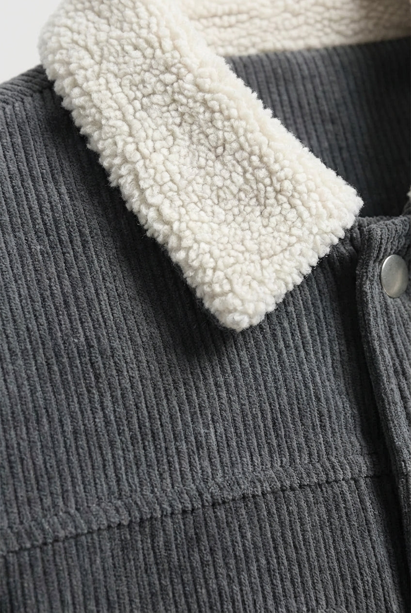Men's Corduroy Jacket with Sherpa Collar and Snap Buttons - Dark Charcoal Gray