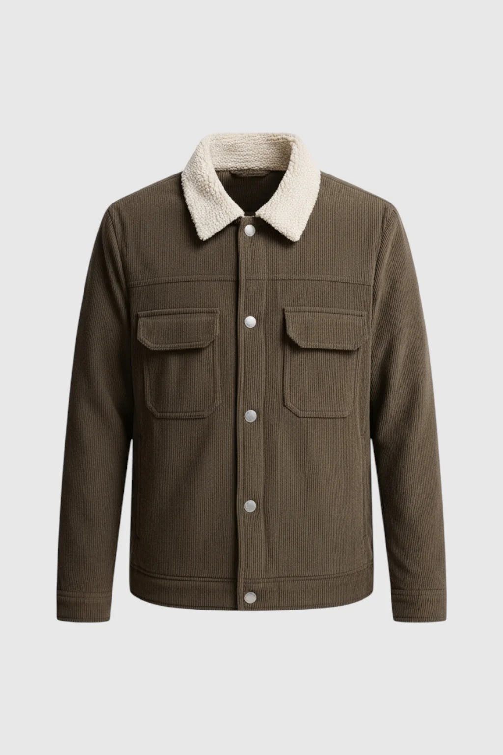 Men's Corduroy Jacket with Sherpa Collar and Snap Buttons - Coffee Brown