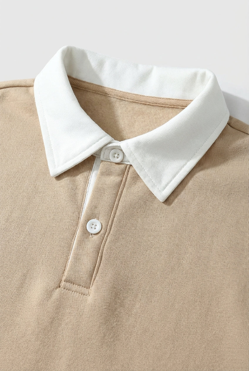Men's Sweatshirt with Contrast Collar and Polo Neck – Beige