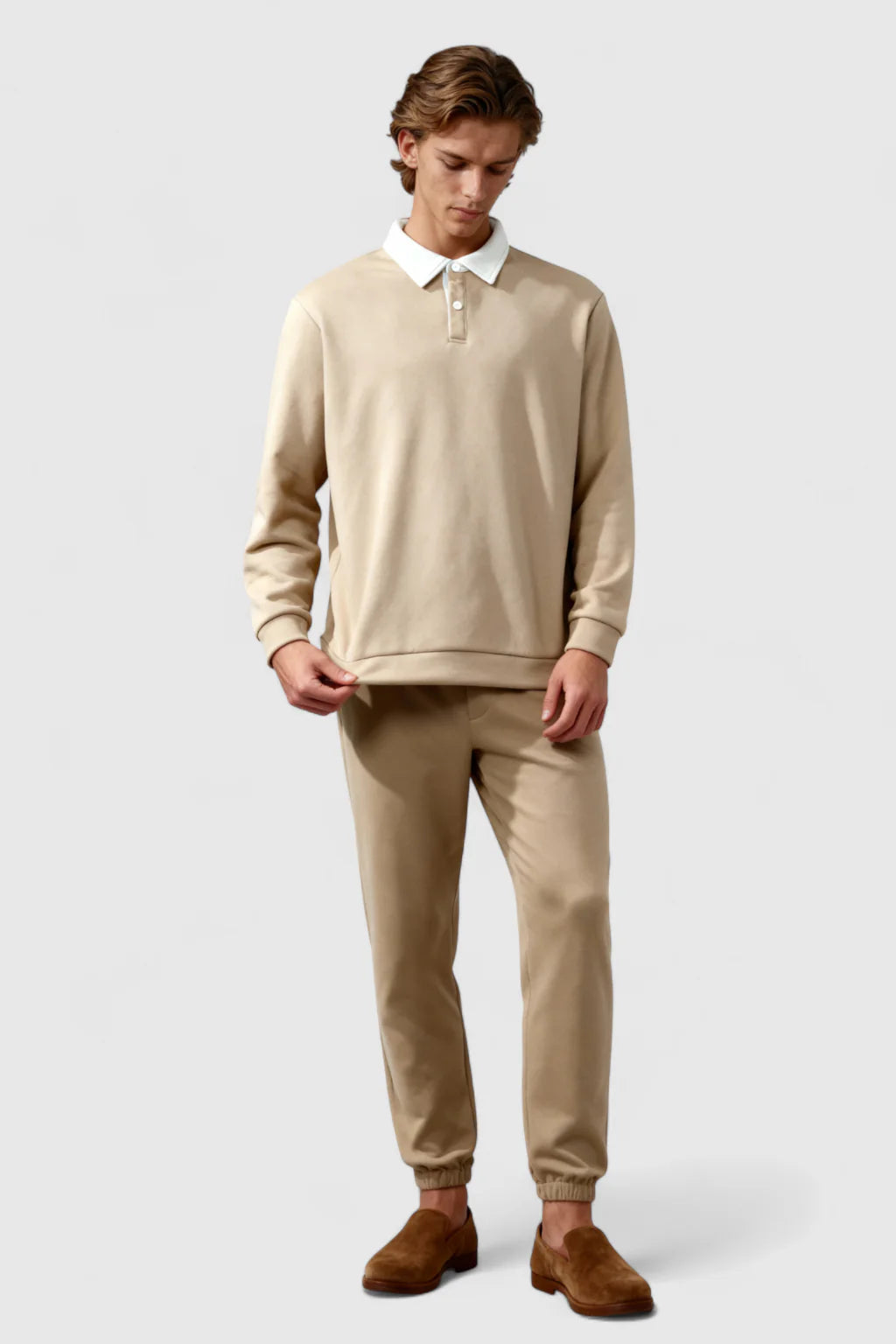 Men's Sweatshirt with Contrast Collar and Polo Neck – Beige