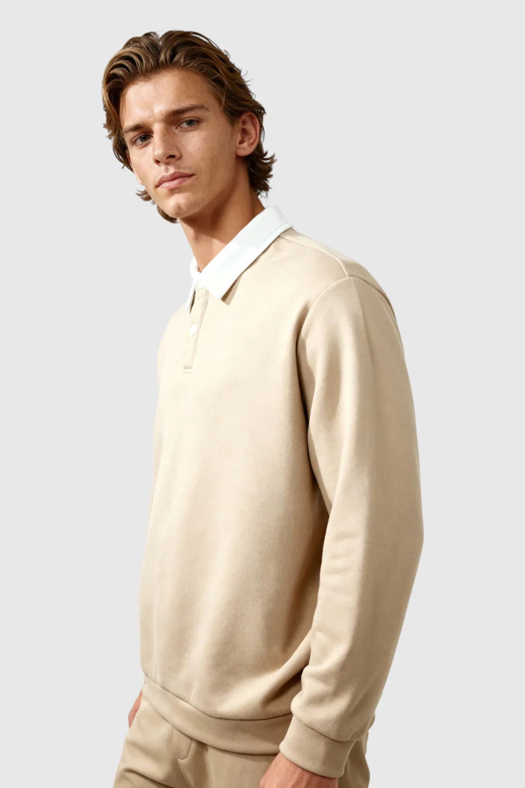 Men's Sweatshirt with Contrast Collar and Polo Neck – Beige
