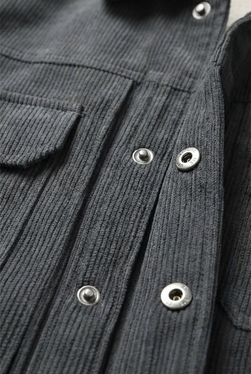 Men's Corduroy Jacket with Sherpa Collar and Snap Buttons - Dark Charcoal Gray