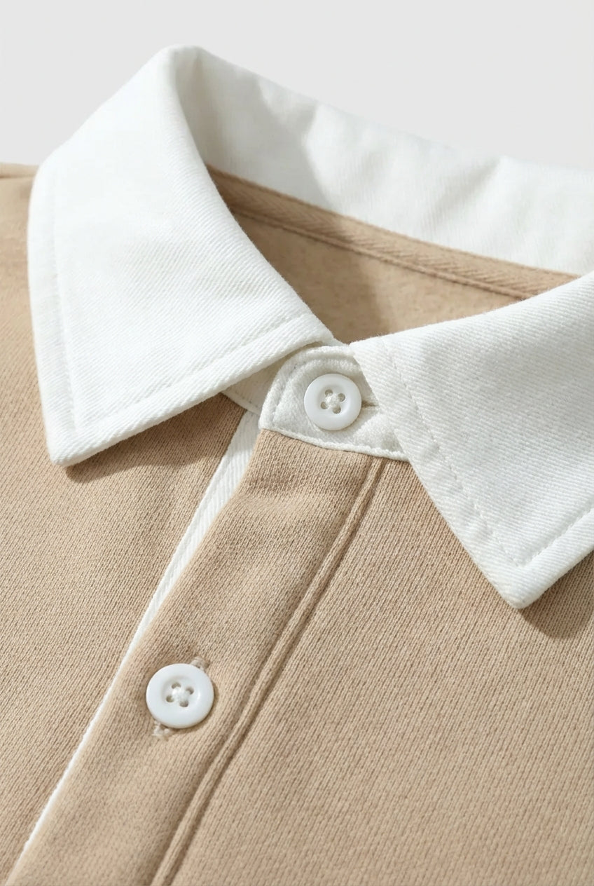 Men's Sweatshirt with Contrast Collar and Polo Neck – Beige