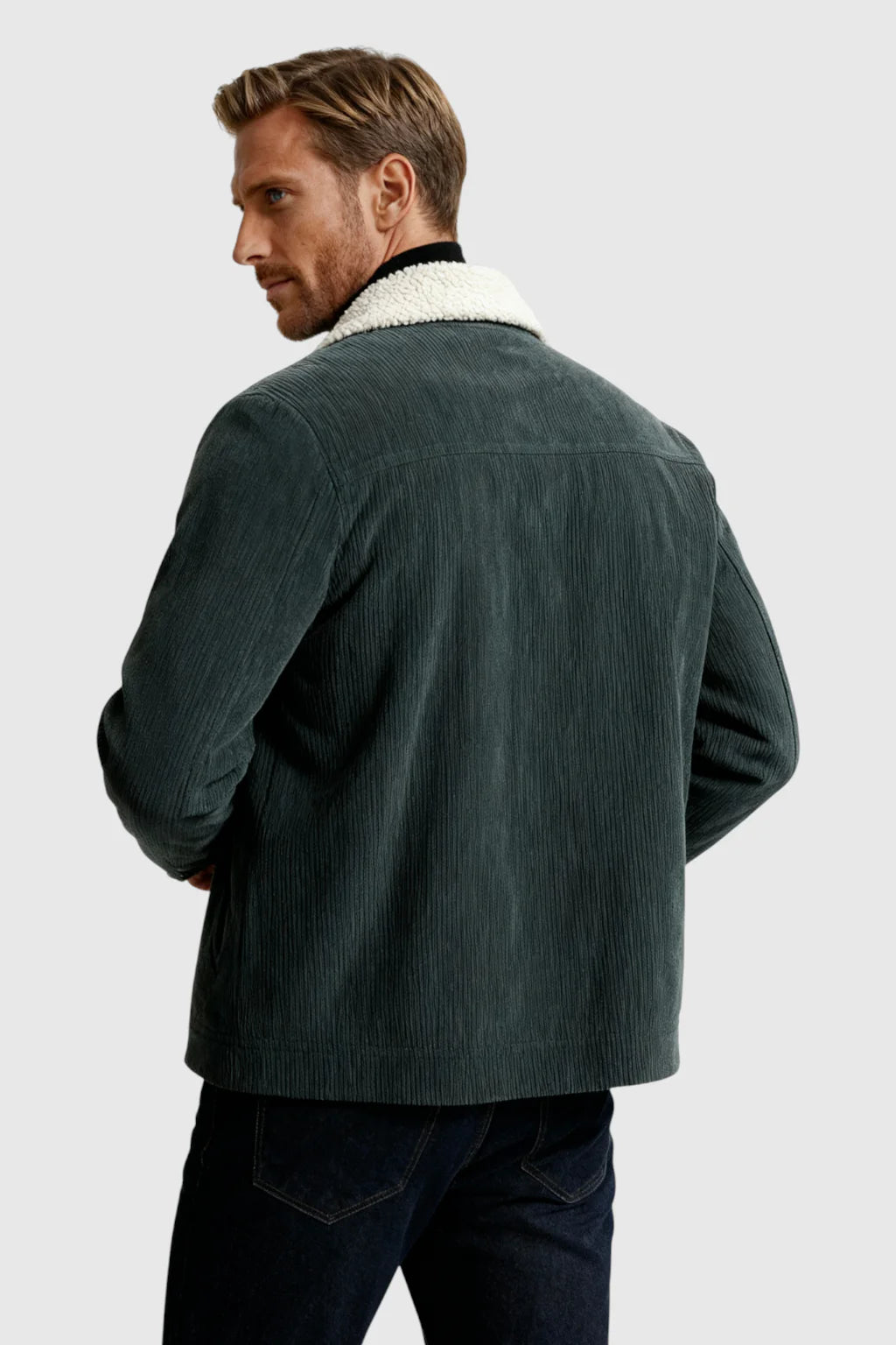 Men's Corduroy Jacket with Sherpa Collar and Snap Buttons - Dark Charcoal Gray