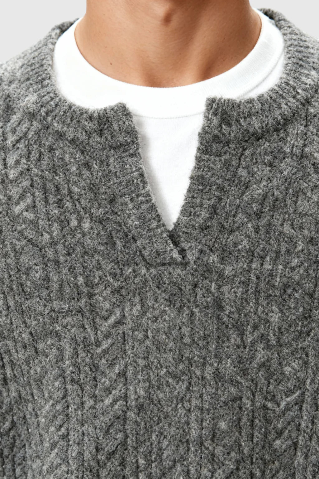 Men's Cable Knit Sweater with Small V-Neck – Taikoo Gray