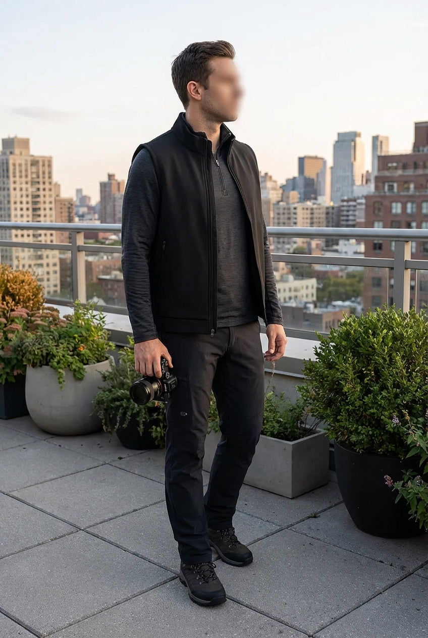 Casual Stand Collar Vest with Zipper – Black Cotton Blend