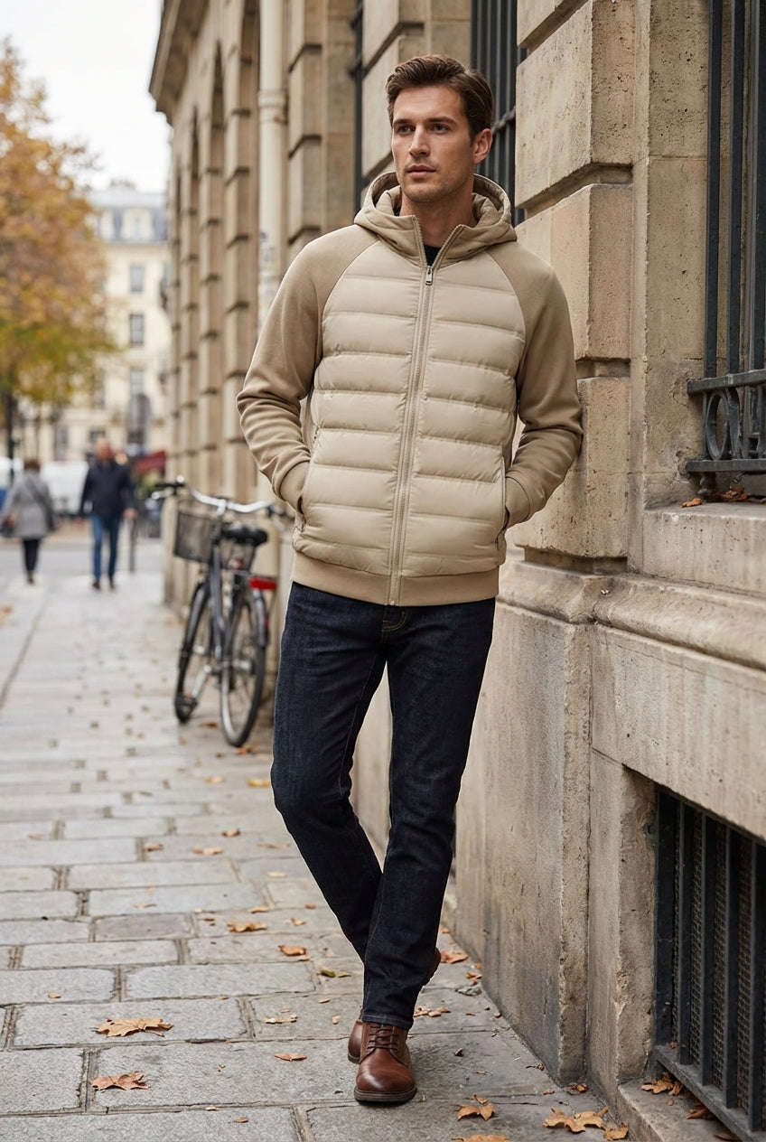 Loose Fit Hooded Jacket with Down – Khaki Beige