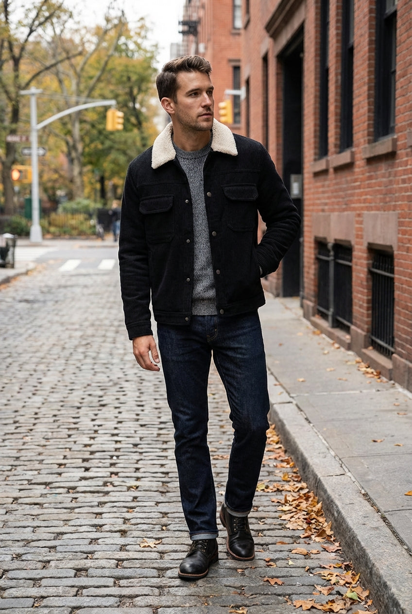 men's corduroy jacket - with Sherpa Collar and Snap Buttons - Black lo