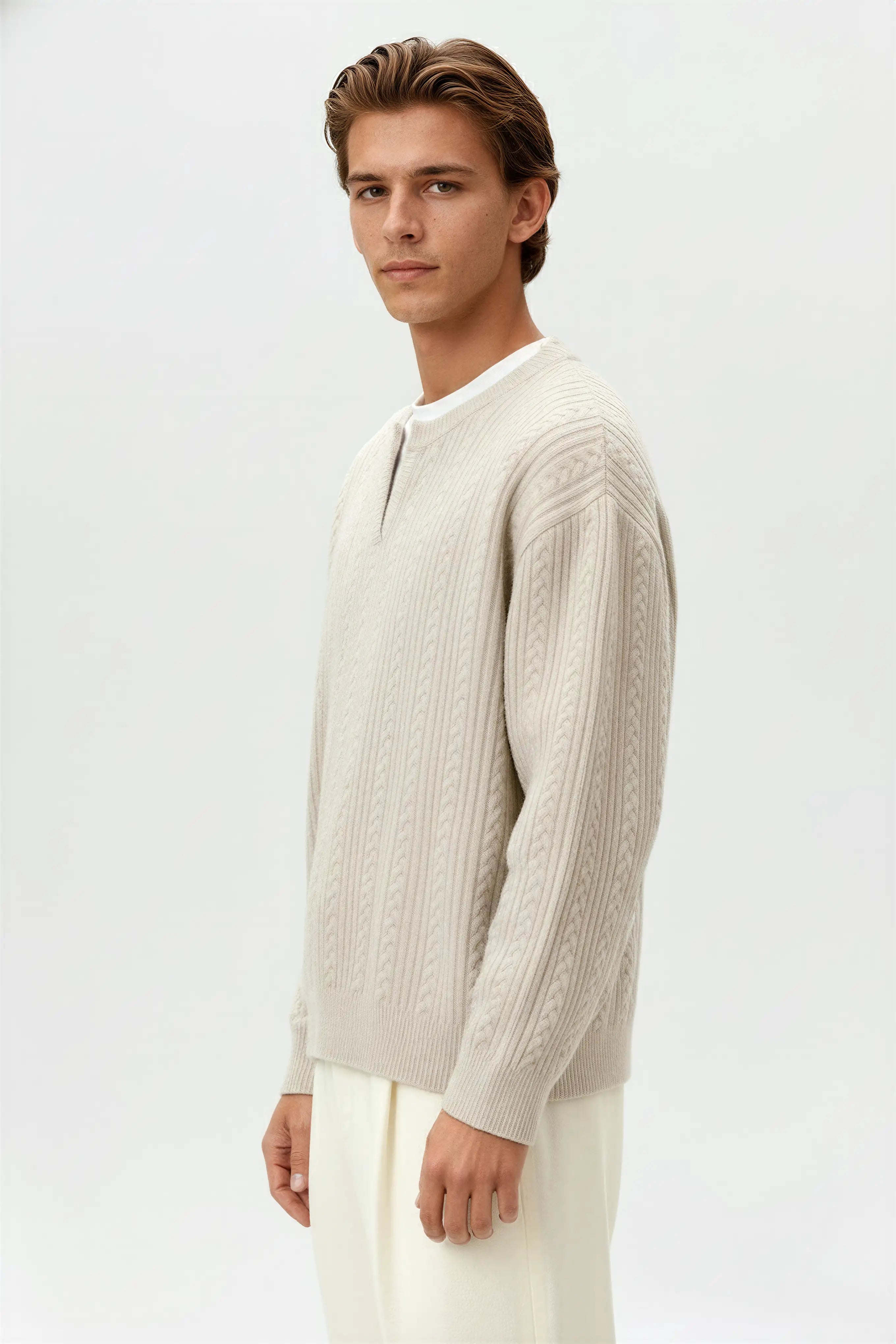 Men's Cable Knit Sweater with Small V-Neck – Oatmeal