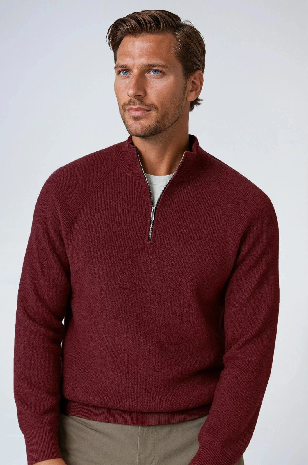Men's Half-Zip Sweater with Stand-Up Collar – Burgundy