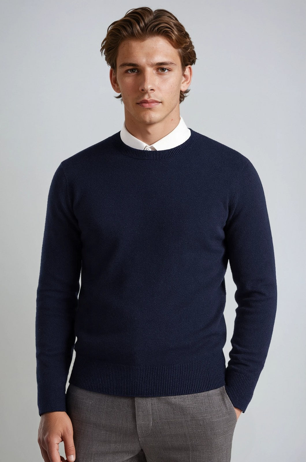 Men's Classic Crew Neck Pullover Sweater – Solid Color, Ribbed Details, Casual Fit – Navy