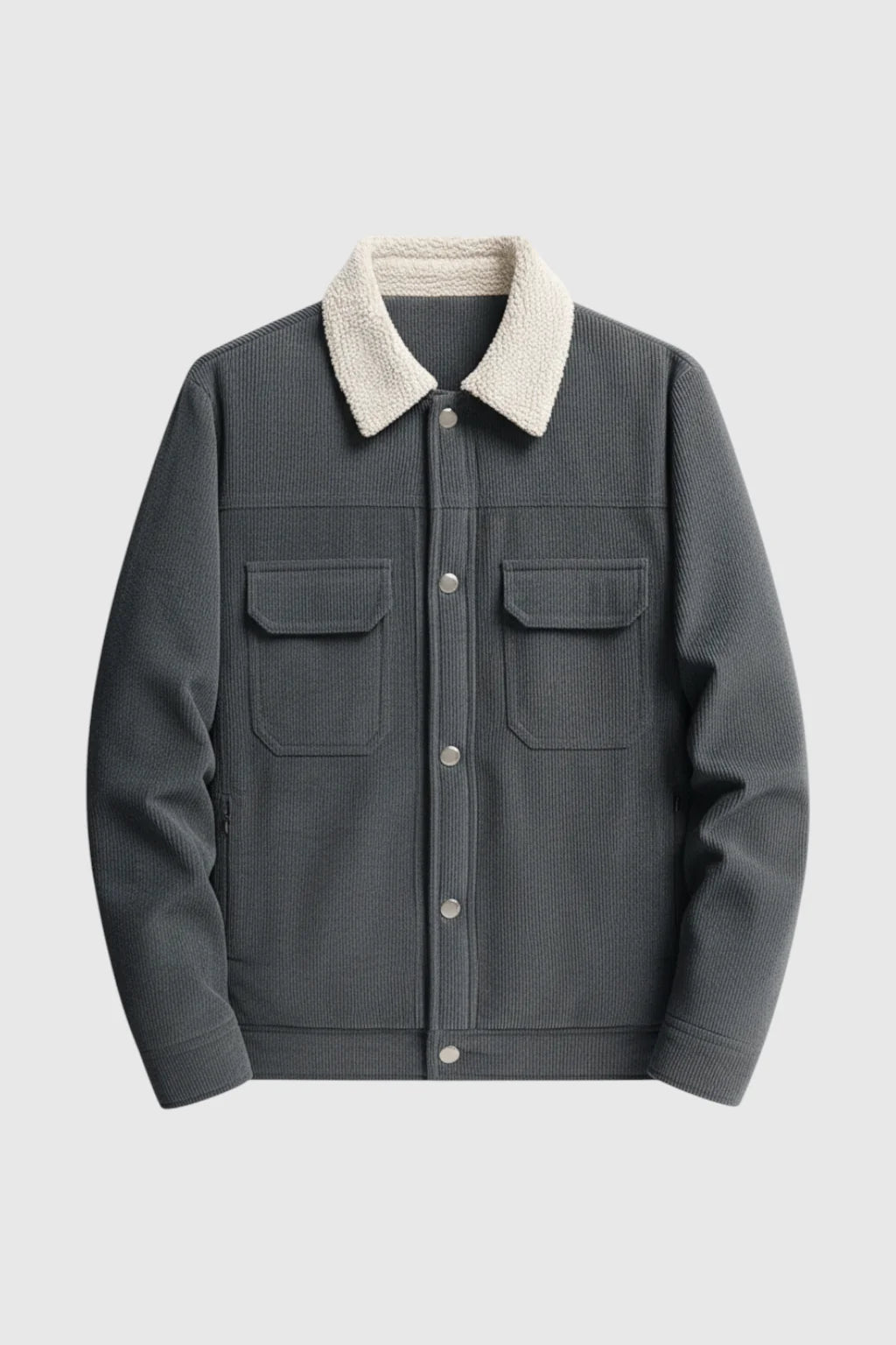 Men's Corduroy Jacket with Sherpa Collar and Snap Buttons - Dark Charcoal Gray