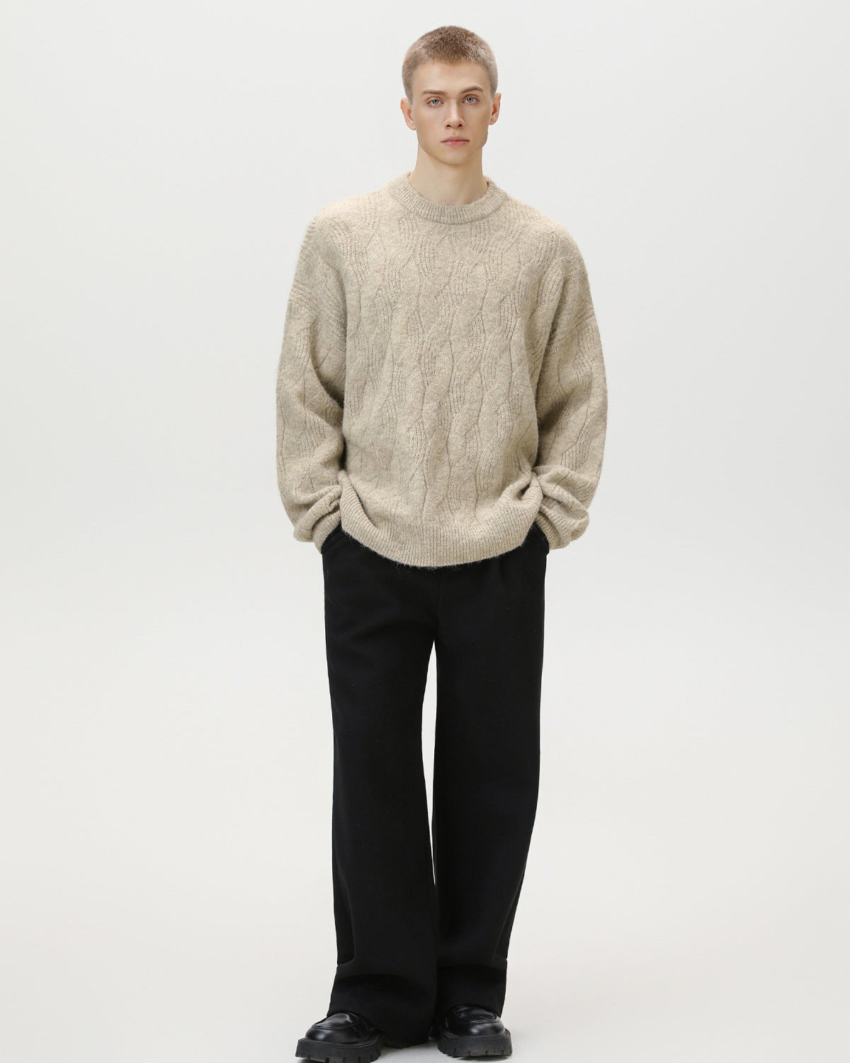 Oversized Cable-Knit Wool Blend Crewneck Sweater