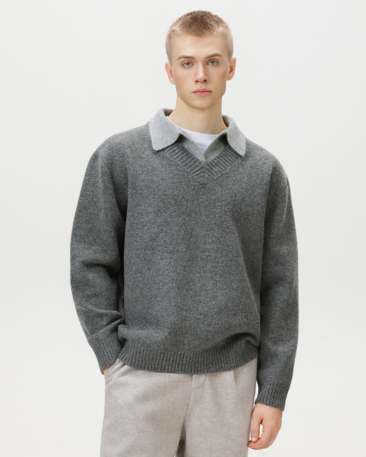 Wool Blend Collar V-Neck Knit Sweater