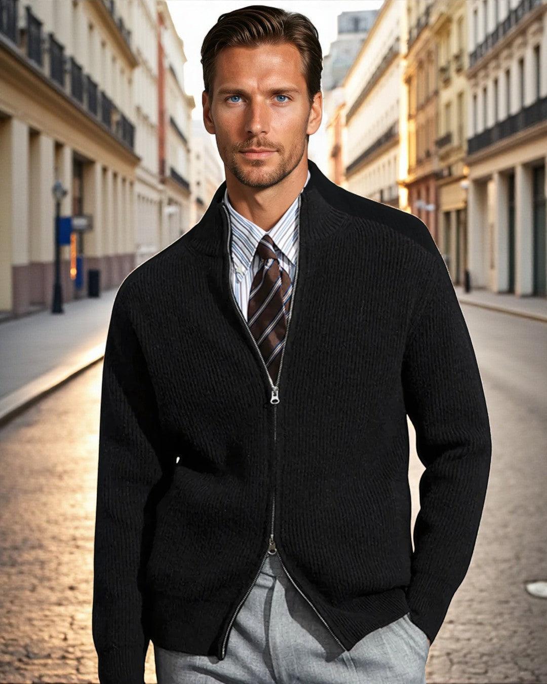 Man wearing black Montclair Knitted Zip Ribbed Cardigan with full zipper in urban street setting