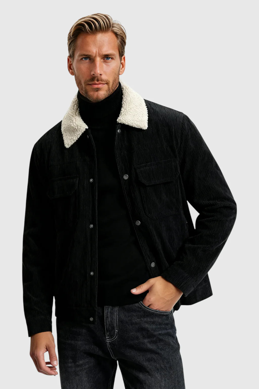 Men's Corduroy Jacket with Sherpa Collar and Snap Buttons - Black