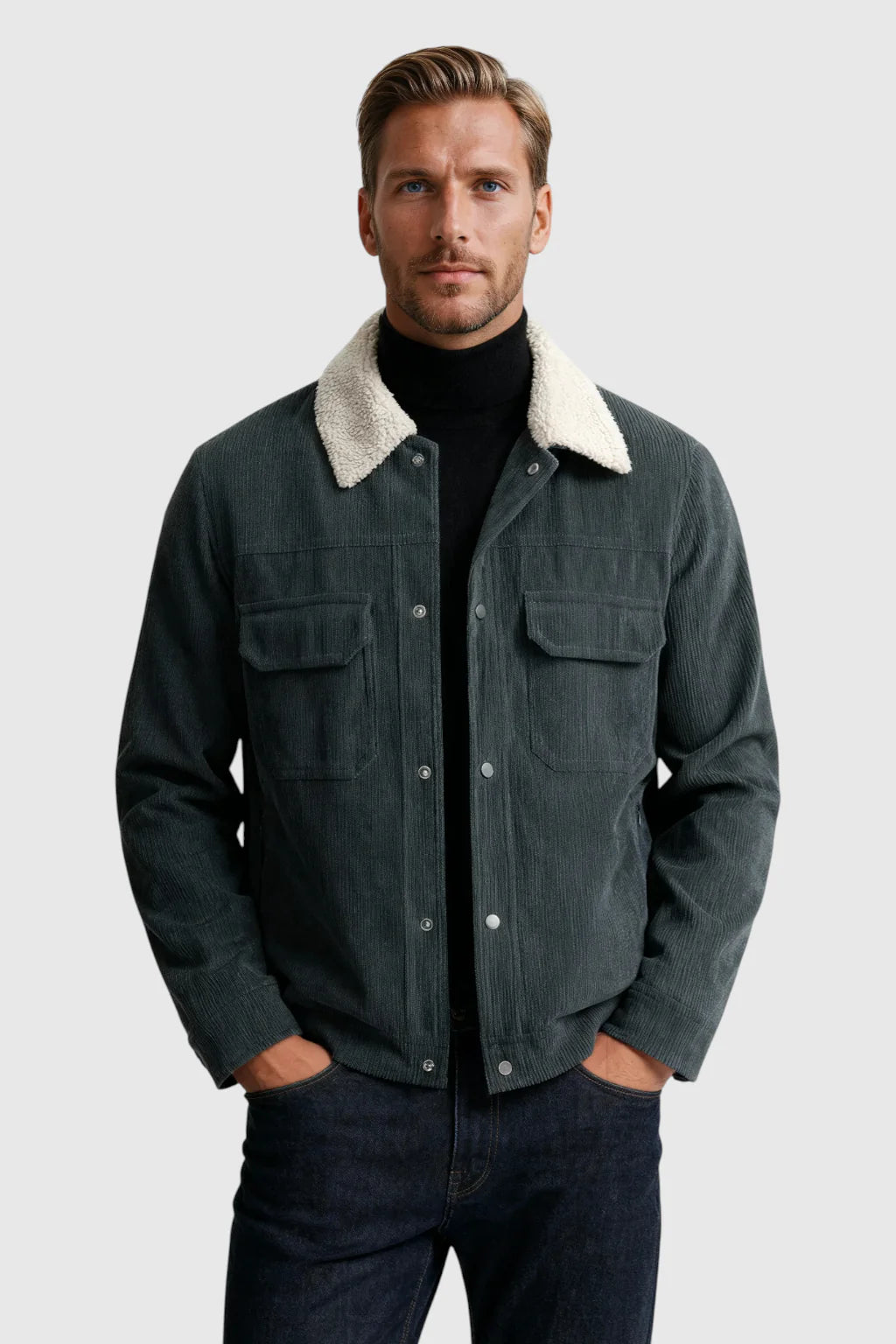Men's Corduroy Jacket with Sherpa Collar and Snap Buttons - Dark Charcoal Gray