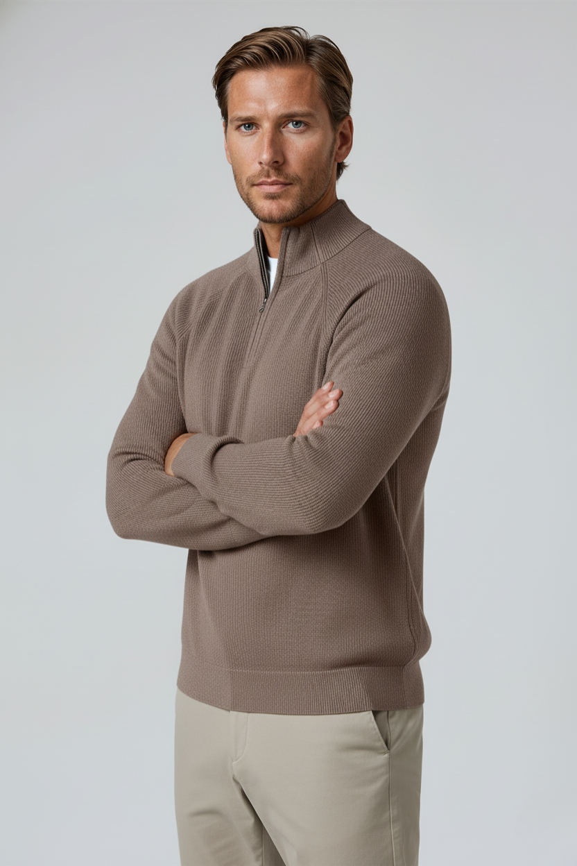 Men's Half-Zip Knit Sweater with Stand Collar – Taupe Brown