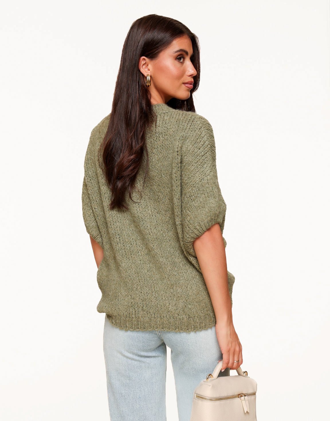 Army Green Knitted Wool 3/4 Sleeve - Sweater