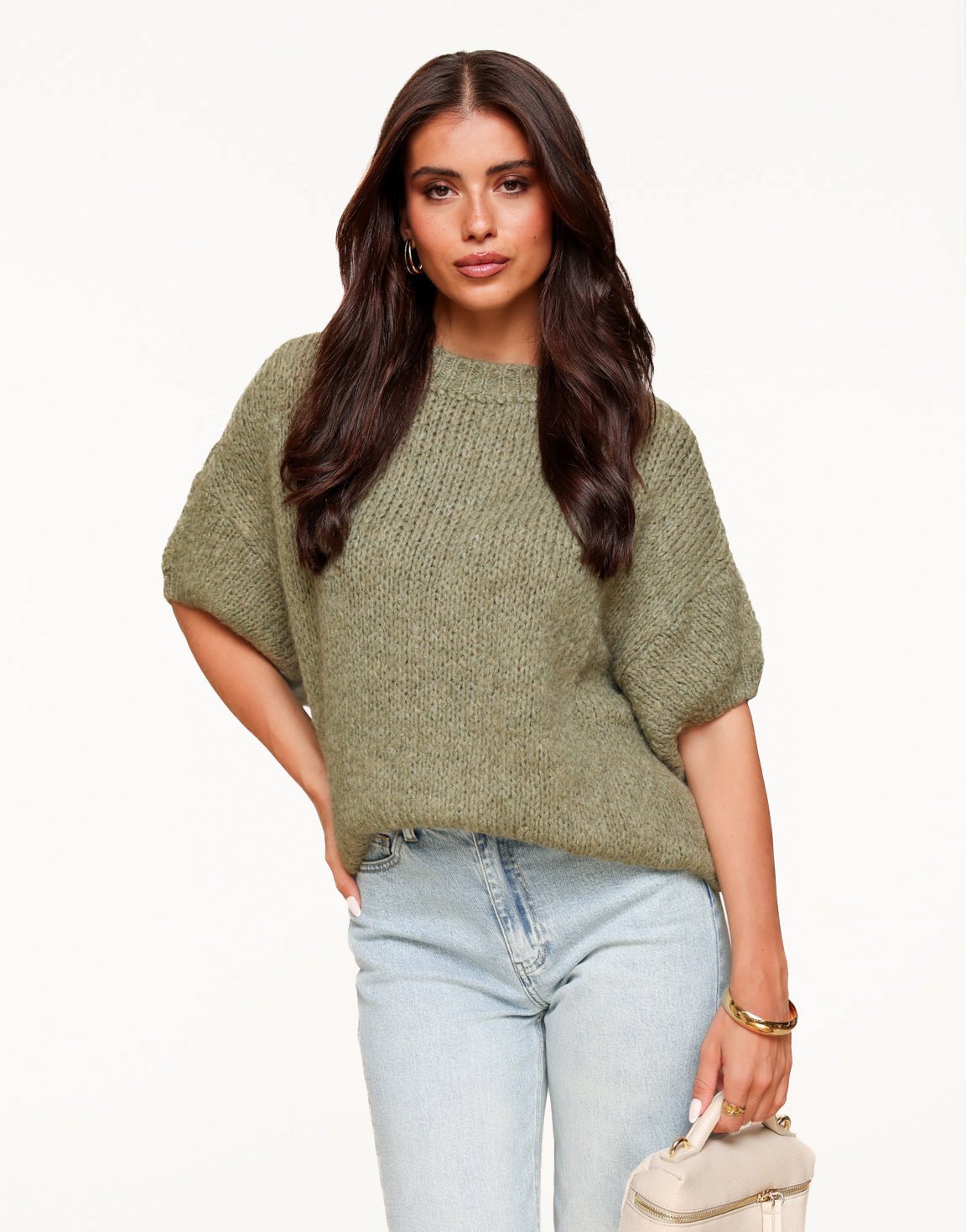 Army Green Knitted Wool 3/4 Sleeve - Sweater