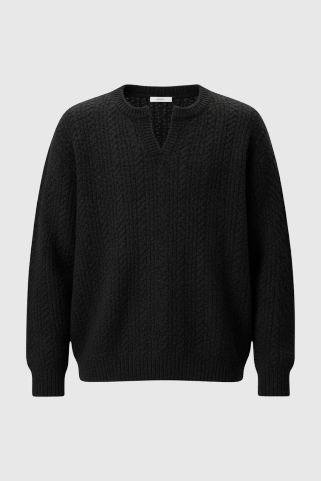 Men's Cable Knit Sweater with Small V-Neck – Graphite Black