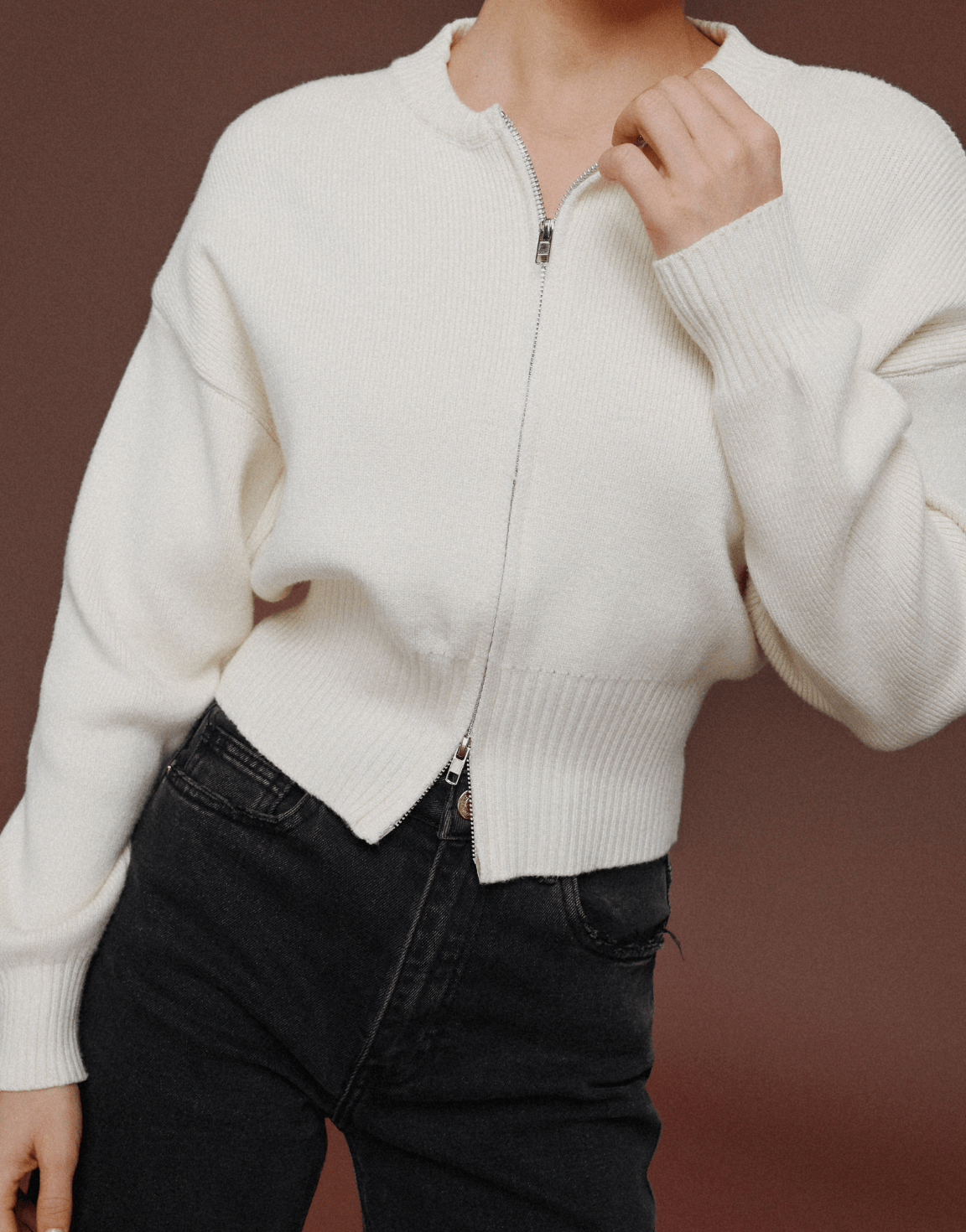 Beige Knitted Zip - Cardigan