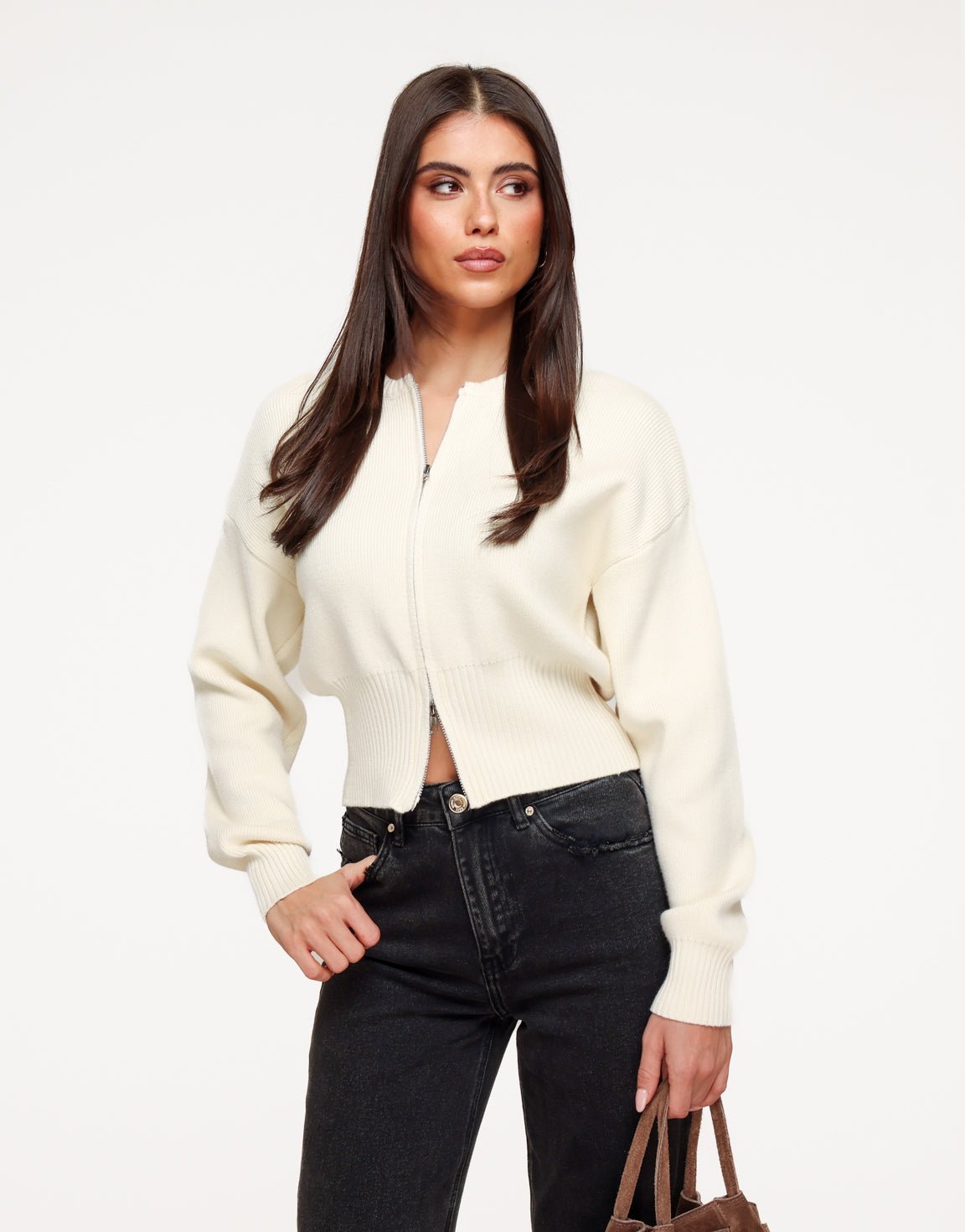 Beige Knitted Zip - Cardigan