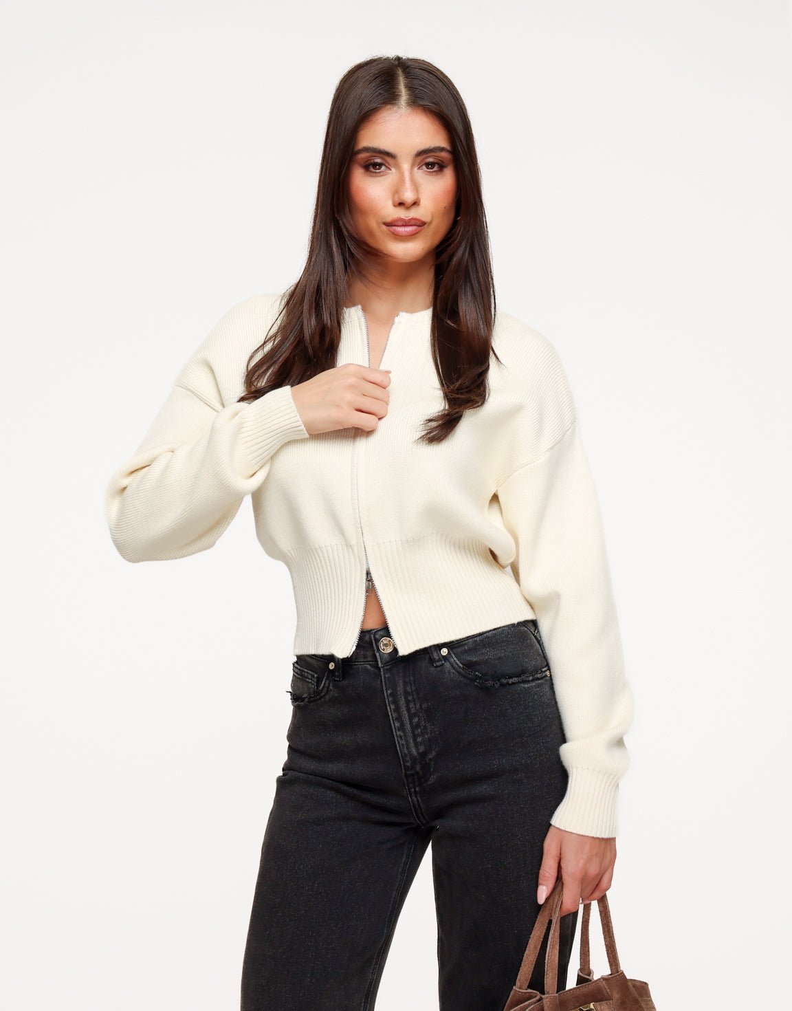 Beige Knitted Zip - Cardigan