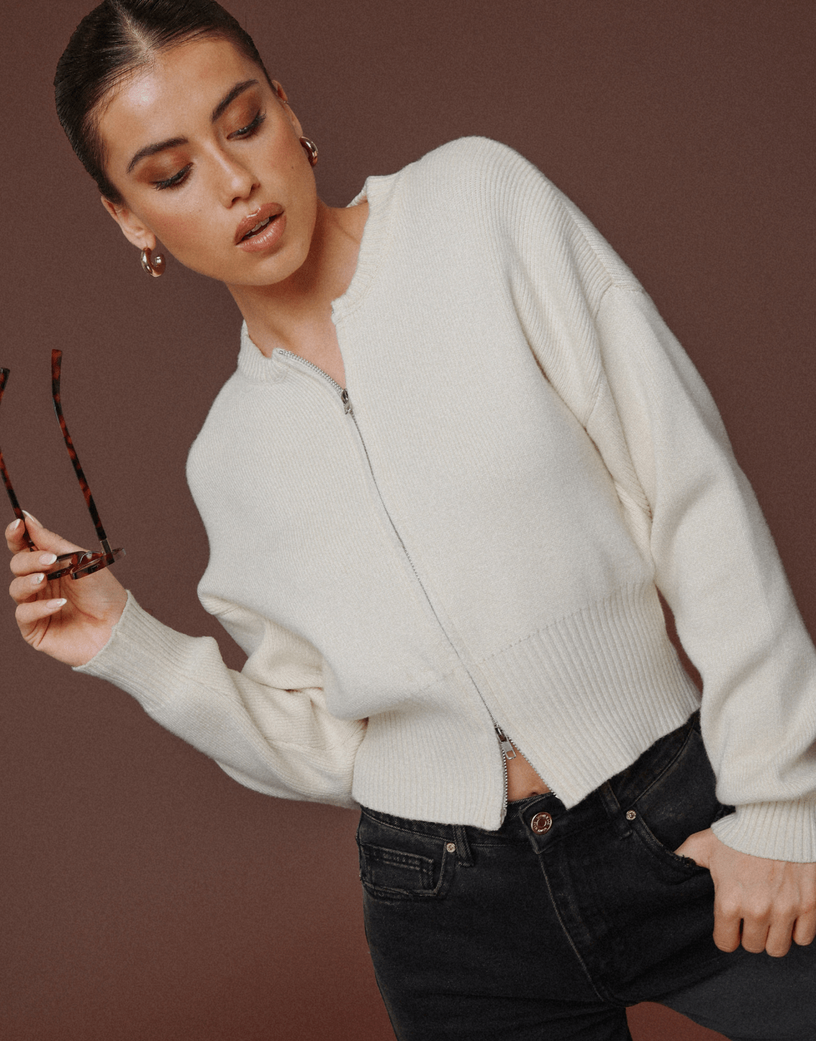 Beige Knitted Zip - Cardigan