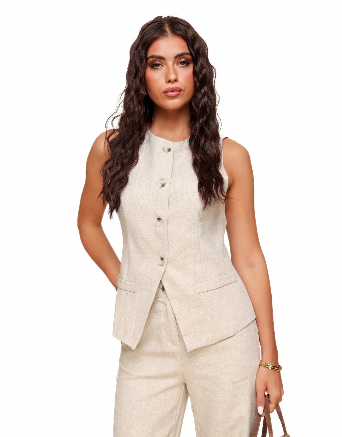 Beige Linen High Buttons - Gilet