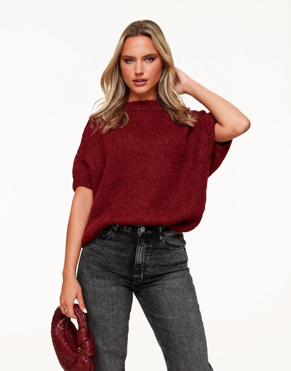 Bordeaux Wool Knitted 3/4 Sleeves - Sweater