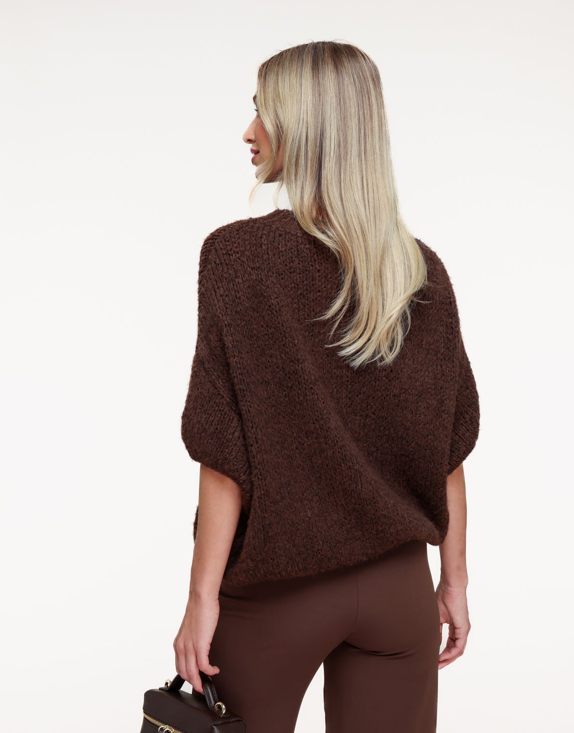Brown Knitted Wool 3/4 Sleeve - Sweater