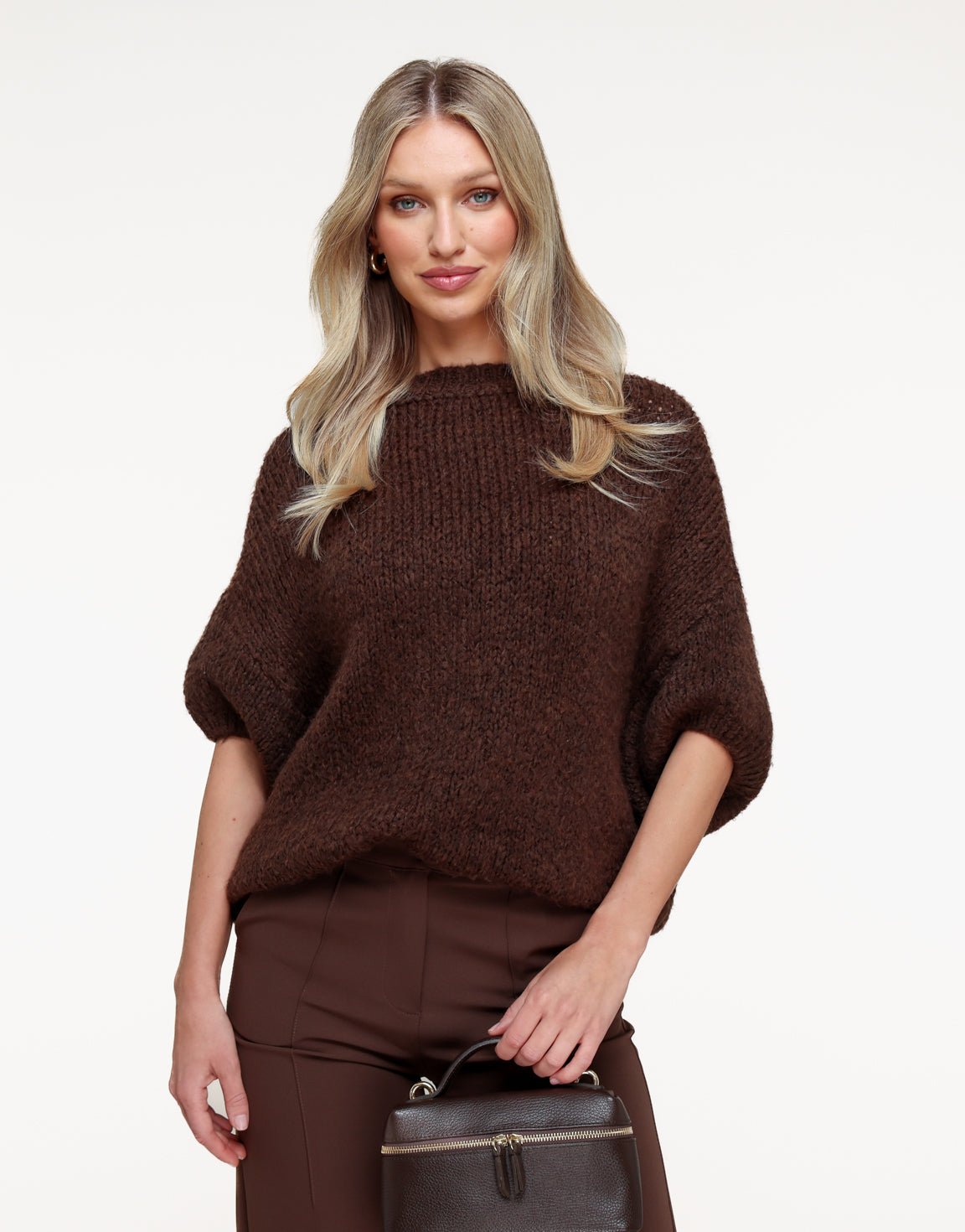 Brown Knitted Wool 3/4 Sleeve - Sweater