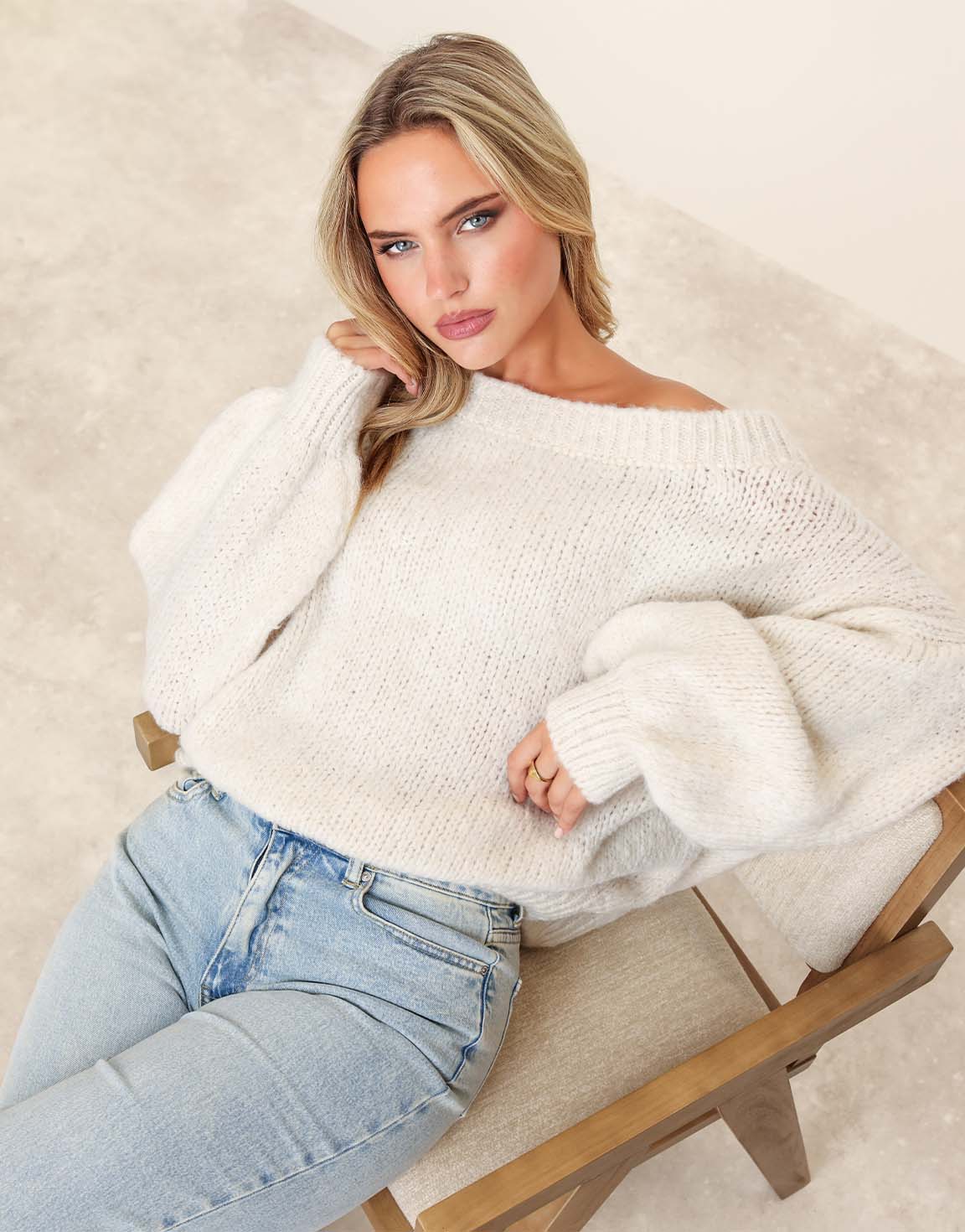 Cream Knitted Wool Off Shoulder - Sweater