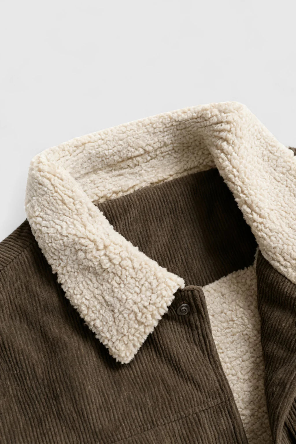 Men's Corduroy Jacket with Sherpa Collar and Snap Buttons - Coffee Brown