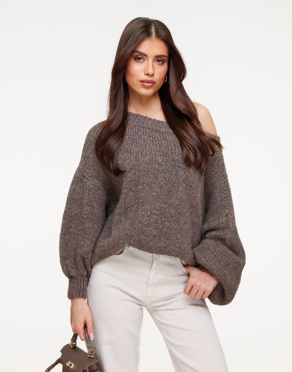 Dark Taupe Knitted Off Shoulder - Sweater